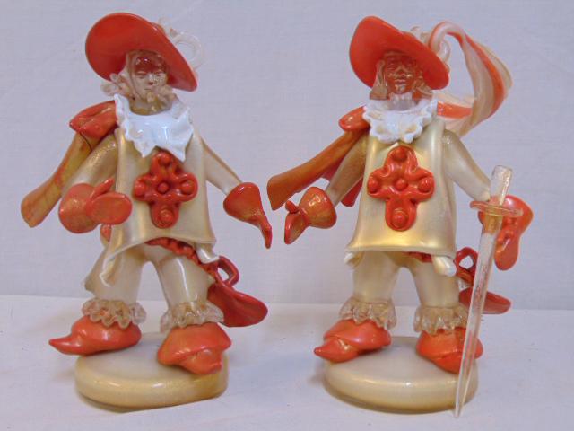 Pair Murano glass Musketeer figures, manner of: Pair Murano glass Musketeer figures, manner of Archimede Seguso, one complete figure, other figure is missing sword & feather in cap & has repaired cape, height is 10 5/8",