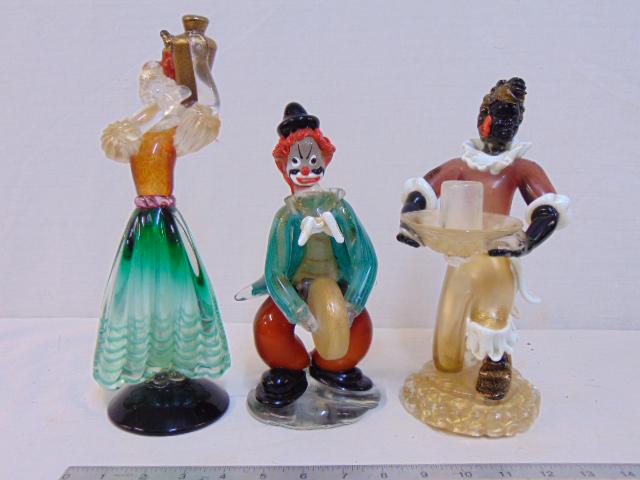 3 Murano art glass figurines, Archimede Seguso,: 3 Murano art glass figurines, Archimede Seguso, includes clown, figure holding vase & figural candle holder, candle holder has repaired head, crack in candle holder, clown has repaired head