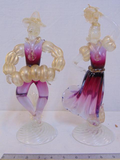 Pair Murano art glass dancers, manner of Archimede: Pair Murano art glass dancers, manner of Archimede Seguso, purple bodies, gold speckled arms, 12 5/8" & 12.5" tall, in good condition