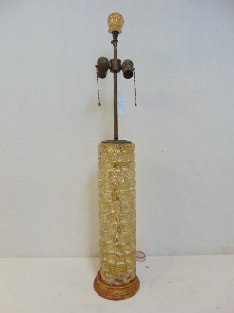 Archimede Seguso Murano glass table lamp, heavy column: Archimede Seguso Murano glass table lamp, heavy column with gold flakes, height base is 19.25" (glass only).Lamp & finial in good condition, does need to be rewired.