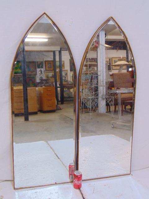 Pair tombstone mirrors, pair decorative beveled mirrors: Pair tombstone mirrors, pair decorative beveled mirrors with Gothic styling, gilt outer edge, each mirror is 4 feet tall, 18" wide.