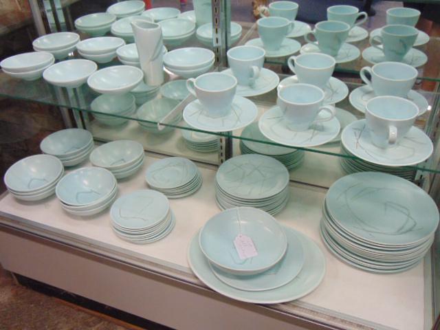 Set of Russel Wright dinnerware, by Knowles, light blue: Set of Russel Wright dinnerware, by Knowles, light blue ceramic dinnerware with gilt stripe decoration, includes 6 cups & saucers, 12 small bowls, 12 large bowls, 13 dinner plates, 11 salad plates, cr