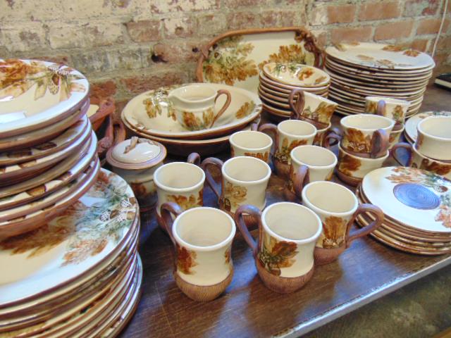 Ellen Evas glazed dinnerware, large set, service for 8: Ellen Evas glazed dinnerware, large set, service for 8 glazed pottery, stoneware, dinnerware with oak leaf pattern, set includes 8 mugs, 8 cups with 7 saucers, sugar & creamer, 16 dinner plates, 16 sa
