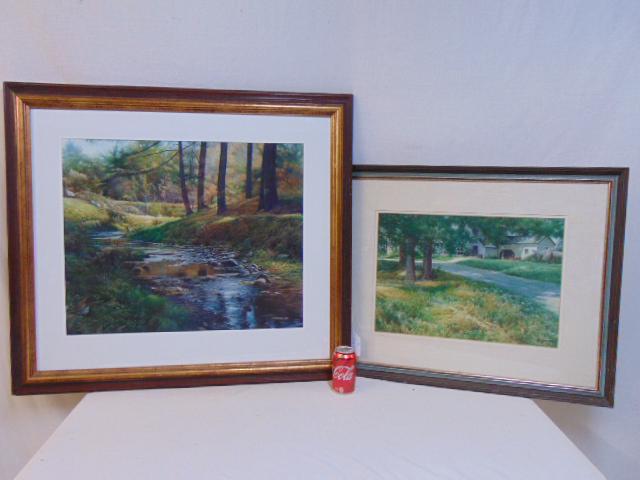 2 Paintings, Moses Worthman, Forest stream, & House by: 2 Paintings, Moses Worthman, Forest stream, & House by road, both signed M. Worthman, A.W.S. , watercolor on paper showing a rocky stream in wooded setting, signed lower right, 20.5" by 25.5" & waterc
