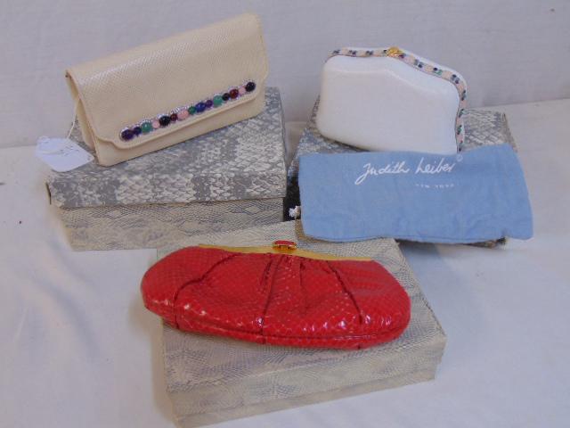 3 Vintage Judith Leiber clutch bags / purse.: 3 Vintage Judith Leiber clutch bags / purse. Semi-precious jeweled front Lizard off-white clutch / shoulder bag; red snake skin with textured gold tone frame clutch / shoulder bag; & white Semi-precio