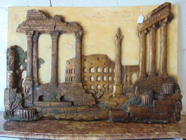 Italian plaster freeze, gold paint high lights showing: Italian plaster freeze, gold paint high lights showing Italian ruins, coliseum, 40" by 59.5"