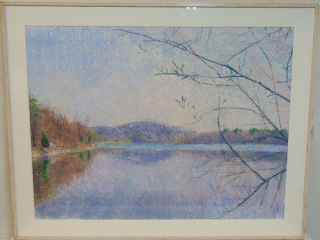 Painting, "Croton Reservoir", Larry Horowitz, pastel on: Painting, "Croton Reservoir", Larry Horowitz, pastel on paper, impressionistic style showing the reservoir in Croton, NY, 29.25" by 38.75", Note, was purchased at Leland Little Auctions in March 2018 