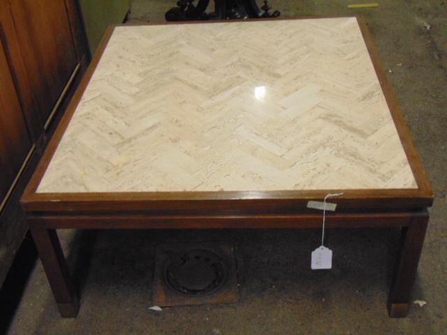 Marble top coffee table, MCM herringbone marble (veneer: Marble top coffee table, MCM herringbone marble (veneer ?) top coffee table, table is 15.5" tall, top is 36" by 33.5"