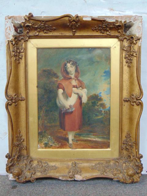Painting, portrait girl, unsigned, watercolor, girl in: Painting, portrait girl, unsigned, watercolor, girl in woods with red cloak, 10.25" by 7.5", in gilt frame, frame as is.