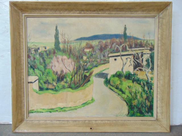 Painting, country road, Wyeth, oil on canvas showing: Painting, country road, Wyeth, oil on canvas showing road leading into small town, signed "Wyeth" lower right, canvas is 28.75" by 36", old "Far Gallery" label on reverse.