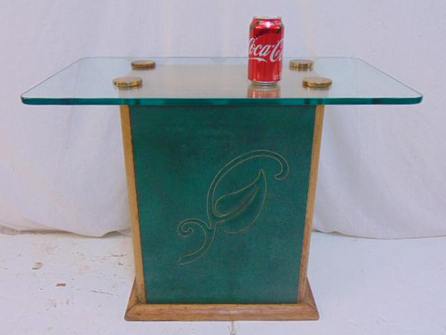 James Mont stand, glass top, green leather (vinyl ?): James Mont stand, glass top, green leather (vinyl ?) base with oak trim & glass top, stand is 28" by 16", height is 22"