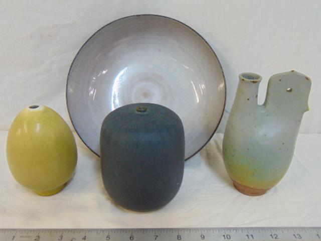 4 pieces Scandinavian art pottery, includes a bowl (9": 4 pieces Scandinavian art pottery, includes a bowl (9" in diameter) with small chip on rim & 3 small vases, one with "handle", Danish or Norwegian pottery.