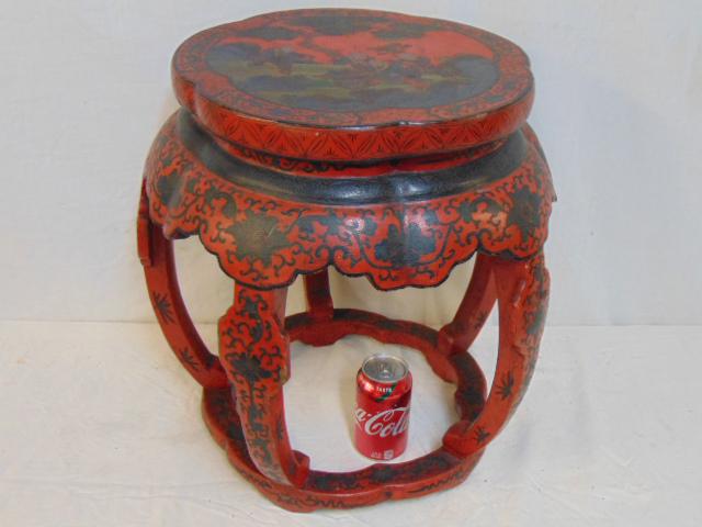 Red lacquered Chinese stool, sold by Flints Fine: Red lacquered Chinese stool, sold by Flints Fine Furniture, paint decorated stool with floral decorated base & top decorated with figures, children, stool is 18.5" tall, top diameter is 14.25"