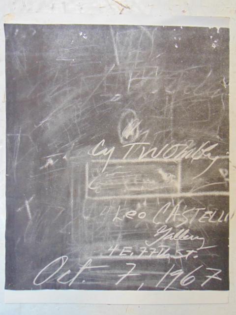 Cy Twombly poster, blackboard, "Leo Castelli Gallery",: Cy Twombly poster, blackboard, "Leo Castelli Gallery", by Edwin Parker "Cy" Twombly Jr. poster has some damage, loss upper right corner and right margin, size is 25.75" by 22"