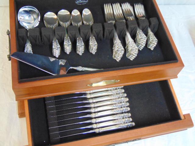 Wallace sterling silver flatware set, service for 12,: Wallace sterling silver flatware set, service for 12, Grande Baroque pattern.12 dinner forks, 12 desert forks, 12 soup spoons, 12 dinner spoons, 12 knives, gravy ladle & cake server.