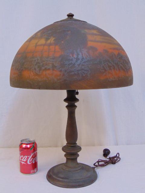 Handel table lamp, reverse painted shade, Handel table: Handel table lamp, reverse painted shade, Handel table lamp with ice chip scenic reverse painted shade, shade is signed, all original, lamp is 22.5" tall, shade is 16".