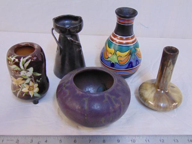 Art pottery lot, Owens, van Briggle, Gouda, includes a: Art pottery lot, Owens, van Briggle, Gouda, includes a purple bowl by van Briggle (cracked), Gouda vase, small Fulper vase & 2 Continental pottery vases.