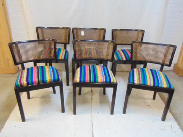 Set of 6 caned back chairs, newly upholstered seats, in: Set of 6 caned back chairs, newly upholstered seats, in black paint, several show repairs.