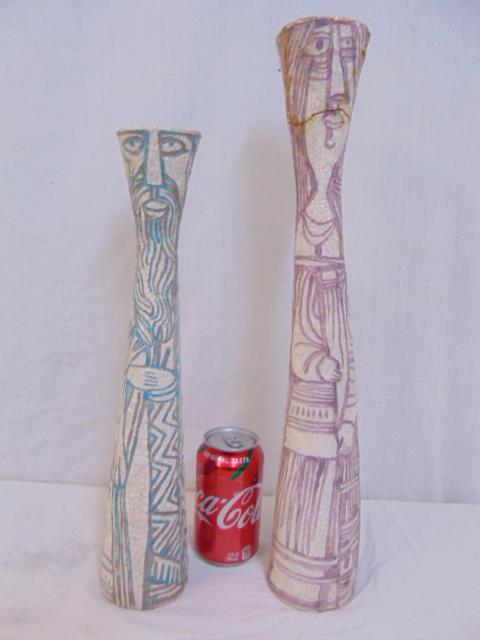2 Elio Schiavon MCM vases, two tall mid Century vases: 2 Elio Schiavon MCM vases, two tall mid Century vases decorated with figures, on in as is condition, crudely repaired, 15.25" & 18.5" tall, taller one has the damage