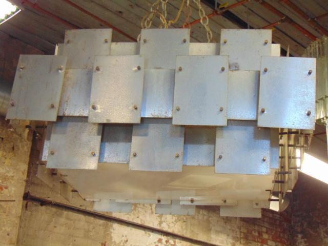 Frank Eliscu MCM City metal fixture, a mid Century: Frank Eliscu MCM City metal fixture, a mid Century style hanging fixture with square metal painted panels & white diffuser, this fixture came from the residence of Frank Eliscu in Briarcliff Manor, NY