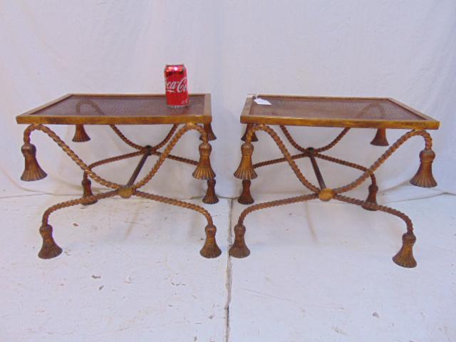 Pair gilt metal tassel stools, twisted frame stools in: Pair gilt metal tassel stools, twisted frame stools in gold paint with decorative tassels, each stool is 19.25" by 14.5", height is 16"