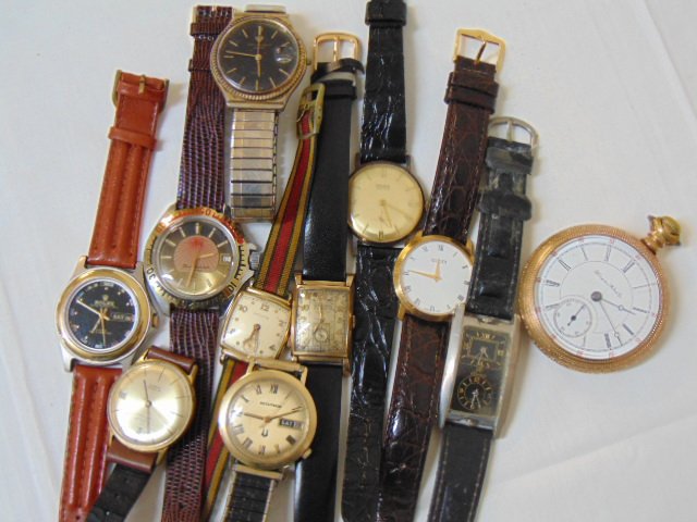 (10) Vintage Mens wristwatches & pocket watch GF: Lot of 10 Vintage Mens wristwatches & Hampton watch gold filled 17 jewel pocket watch, including gucci, hamilton, Gruen gold filled, Accutron gold filled, & other.