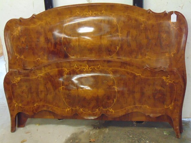 Inlaid bombe front bed with rails: Inlaid bombe front bed with rails, fine quality burl wood inlaid bed, 64" wide, headboard is 49.5", note, rails are extended to a length of 88".