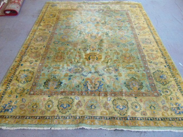 Indian carpet, ABC label, Pavillion 2 model: Indian carpet, ABC label, Pavillion 2 model, in light green, wool, rug is 11' by 8'5"