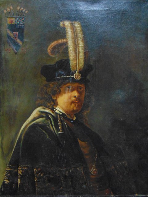 Painting, Rembrandt self portrait, 19th Century copy: Painting, Rembrandt self portrait, oil on canvas, 19th Century copy of the original oil by Rembrandt "Self-portrait, wearing a Feathered Bonnet", unframed, wax seal & writing on reverse (Polish ??), c