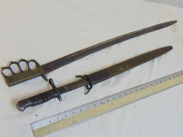 1918 brass knuckle sword & Pattern 1913 Bayonet made by: 1918 brass knuckle sword & Pattern 1913 Bayonet made by Remington, with scabbard, knuckle sword has 29" blade.
