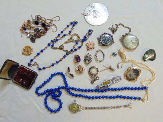 Jewelry. Collection of Gold filled & gold jewelry, to: Jewelry. Collection of Gold filled & gold jewelry, to include Lapis bead necklace w/ 18k clasp; gold shoe pendant; 14k London Blue (?) diamond chip pendant; GF Bulova wristwatch; GF Admiral pocket wat
