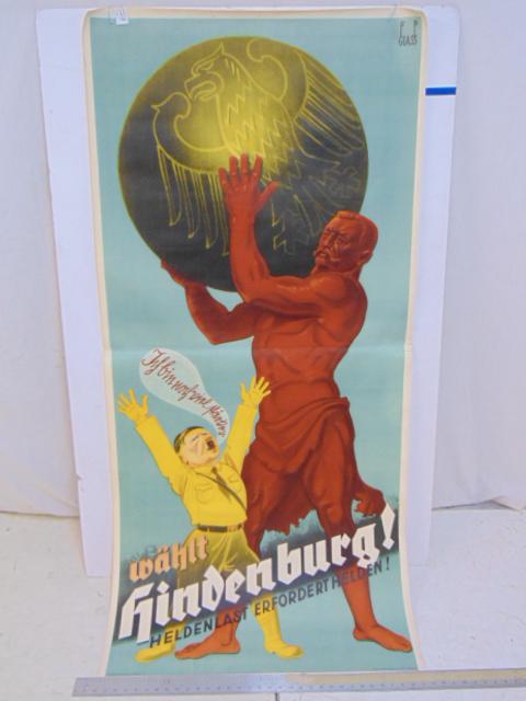 Pre WW2 German propaganda poster, Hitler & Hindenburg,: Pre WW2 German propaganda poster, Hitler & Hindenburg, by Franz Paul Glass, 75" by 32.75"
