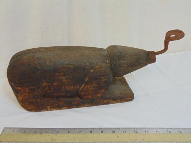 Folk art hog shaped log scraper, carved wood with metal: Folk art hog shaped log scraper, carved wood with metal scraper protruding from nose, 17.75" long