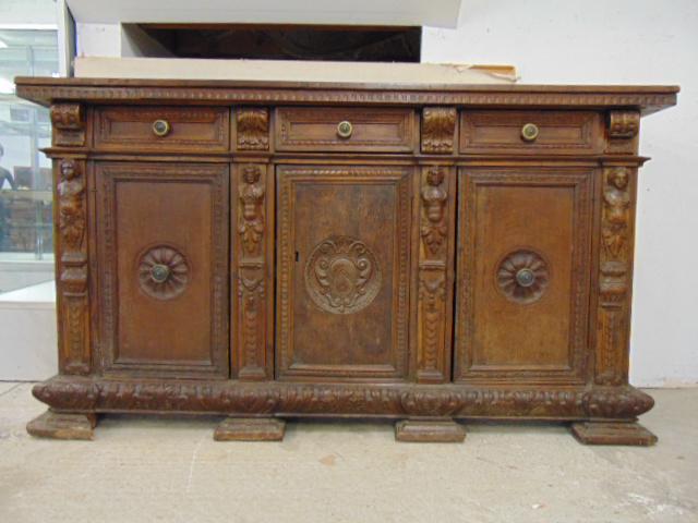 Italian 18th Century credenza with hidden drawers,: Italian 18th Century credenza with hidden drawers, carved server, 3 drawers with hidden drawers, late 18th. or early 19th Century, cabinet is 20.5" by 79", height is 44"