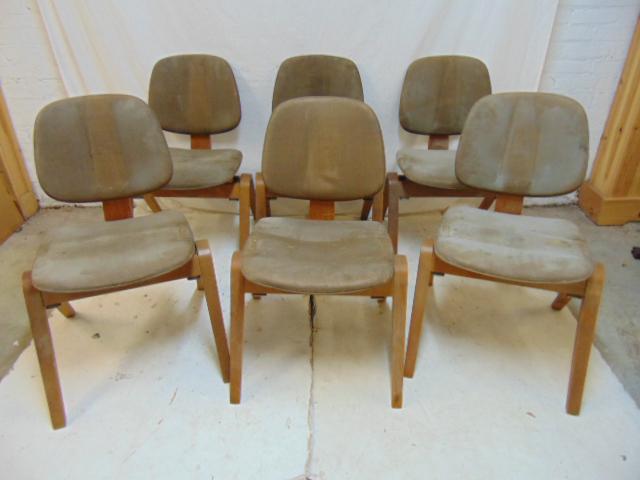 Set 6 Thonet chairs, MCM design, as found in barn, need: Set 6 Thonet chairs, MCM design, as found in barn, need cleaning, tightening, not broken, each chair is 21.25" wide, 20" deep, height is 32"