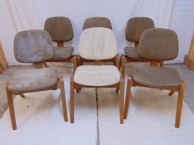 Set 6 Thonet chairs, MCM design, as found in barn, need: Set 6 Thonet chairs, MCM design, as found in barn, need cleaning, tightening, one has loose back, & one has different color, each chair is 21.25" wide, 20" deep, height is 32"