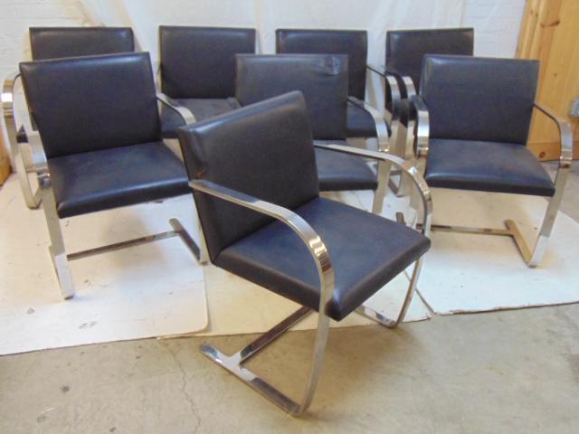 8 Mies van der Rohe for Knoll BRNO chairs, 8 Vintage: 8 Mies van der Rohe for Knoll BRNO chairs, 8 Vintage Knoll chairs, Italian made, stainless steel chrome & black vinyl, spring action chairs, each chair is 23" by 21", height is 30", vinyl good, no tea