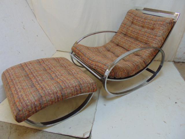 Renato Zevi Italian "Ellipse" Lounge rocker with: Renato Zevi Italian "Ellipse" Lounge rocker with ottoman, Milo Baughman style rocker & ottoman, chrome circular rockers with vintage fabric, circa 1970.