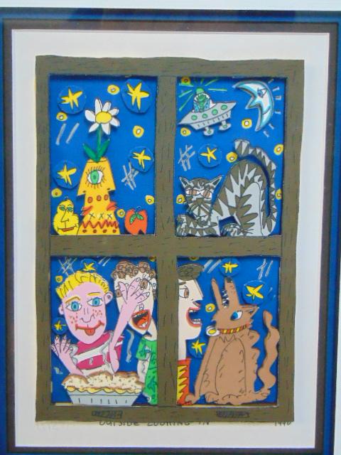 Mixed Media, James Rizzi, "Outside Looking In", mixed: Mixed Media, James Rizzi, "Outside Looking In", mixed media in paper showing a 4 pane window with figures, cat, dog, ufo etc. 9" by 6 5/8" (art, excluding frame)