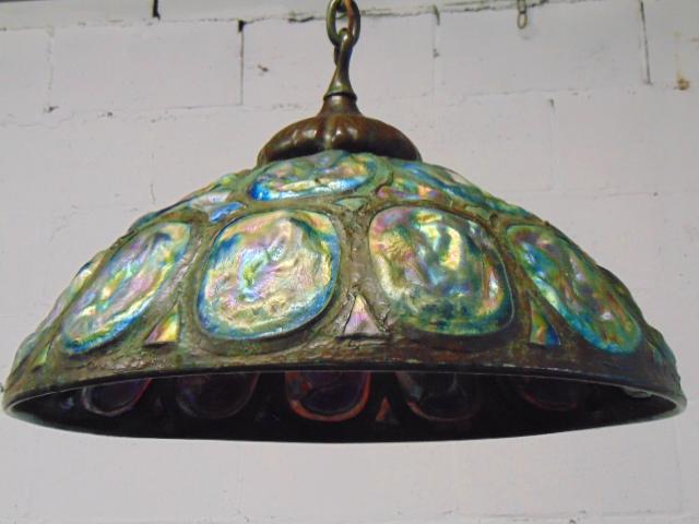 Tiffany facsimile turtle back hanging dome, excellent: Tiffany facsimile turtle back hanging dome, excellent facsimile of a large Tiffany hanging dome with turtleback panels, few are cracked, dome is 24" in base diameter, height excluding chain (from bott