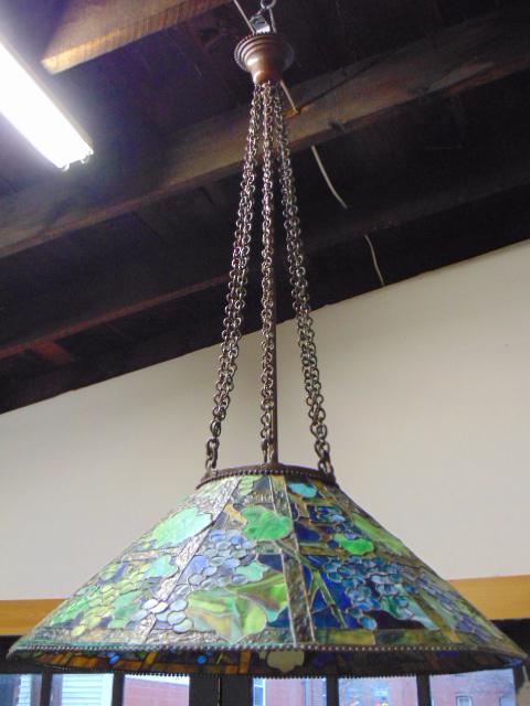 Large Tiffany facsimile hanging fixture, fine quality: Large Tiffany facsimile hanging fixture, fine quality leaded hanging dome decorated with grapes suspended on 6 chains, total height is 51", diameter is 31".