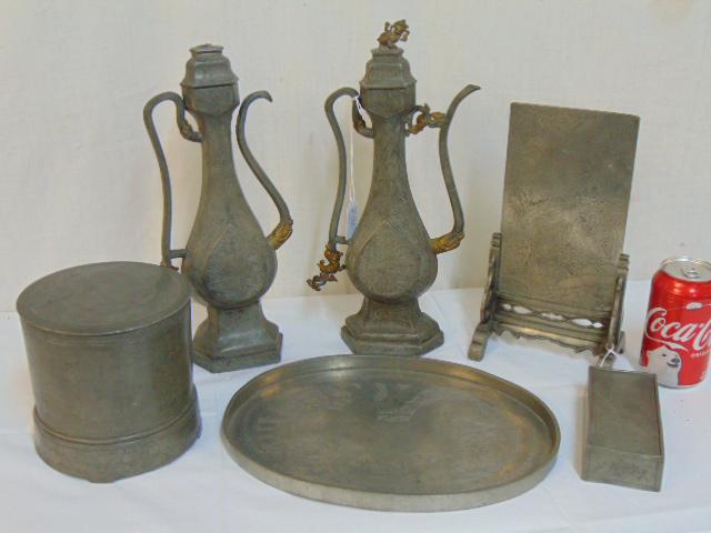 6 pieces antique Chinese pewter, box with sliding lid,: 6 pieces antique Chinese pewter, box with sliding lid, pair ewers or pitchers (13.75" tall); 19th Century cylindrical tea caddy with calligraphy; rare mid 19th Century Chinese double sided table scree