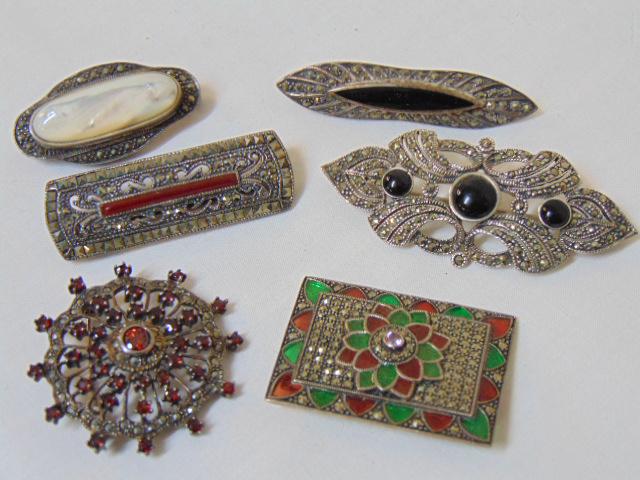 Jewelry (6) Sterling Marcasite pins with various stones: Jewelry (6) Sterling Marcasite pins with various stones onyx, carnelian, etc..