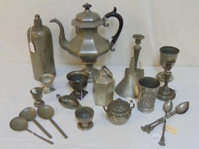 Large lot antique Pewter, James Dixon English coffee: Large lot antique Pewter, James Dixon English coffee pot, pewter bottle form bed warmer, canteen, several cups, Munich decorated beaker, several candle holders, 19th Century funnel, egg cup, spoons, s