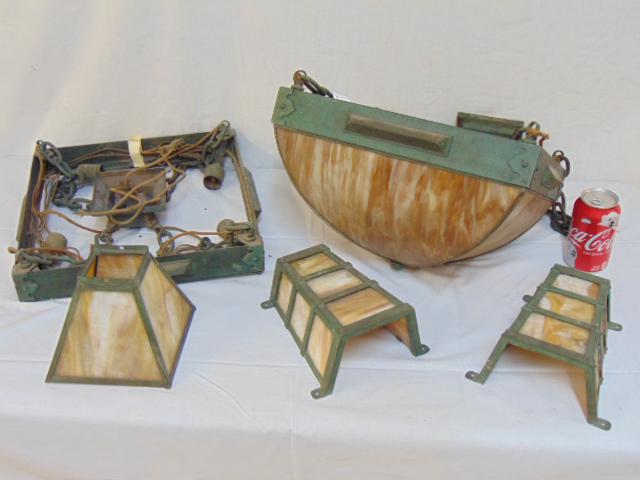 Lot slag glass Arts & crafts lighting, pair of hanging: Lot slag glass Arts & crafts lighting, pair of hanging domes/ fixture & sconce shades, as found, of the pair of hanging dome has one cracked panel, other has dome missing altogether, small shade has c