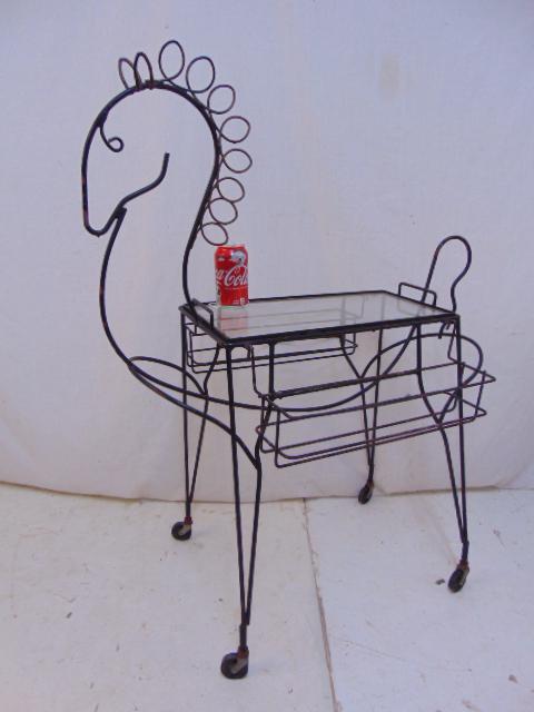 1960s Mid Century John Risley wire horse bar cart, with: 1960s Mid Century John Risley wire horse bar cart, with glass top & side baskets, 31.5" deep, 22.75" wide (with sides included), height is 42.25", paint flaking.