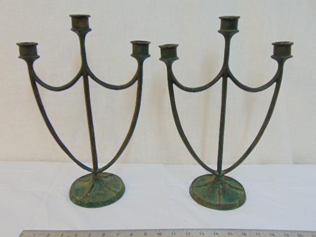 Pair of E.T. Hurley Bronze Three-Arm Candelabras,: Pair of E.T. Hurley Bronze Three-Arm Candelabras, matching pair of three-arm bronze candelabra made by artist and sculptor Edward Timothy Hurley. 15" tall & 10" wide, faded green patina, signed on bot