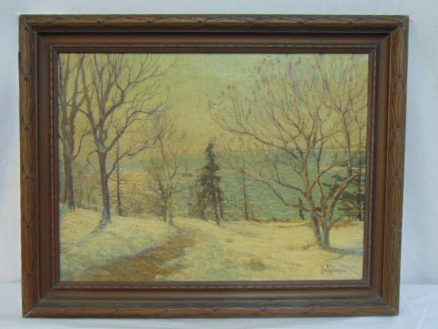 Painting, winter landscape, Hal Robinson, river scene,: Painting, winter landscape, Hal Robinson, river scene, possibly Hudson River with boat near cliffs (Palisades ?), signed, painted on canvas, original condition, 15" by 20.25"