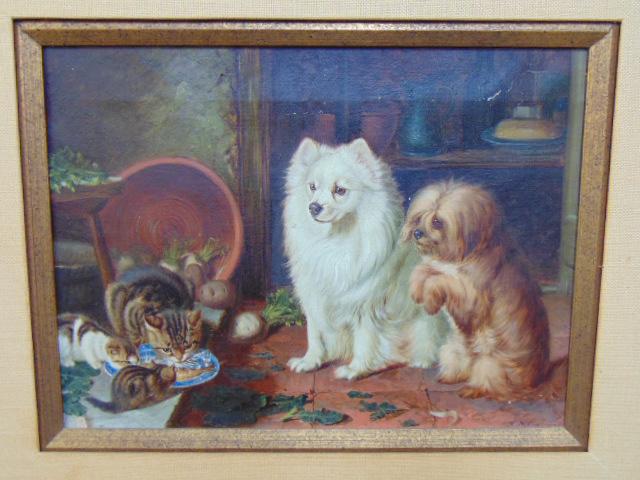 Painting, dogs & Kittens, Horatio Henry Couldery, 2: Painting, dogs & Kittens, Horatio Henry Couldery, 2 dogs looking at cat & kittens eating, signed, painted on canvas, canvas size is 9" by 12"