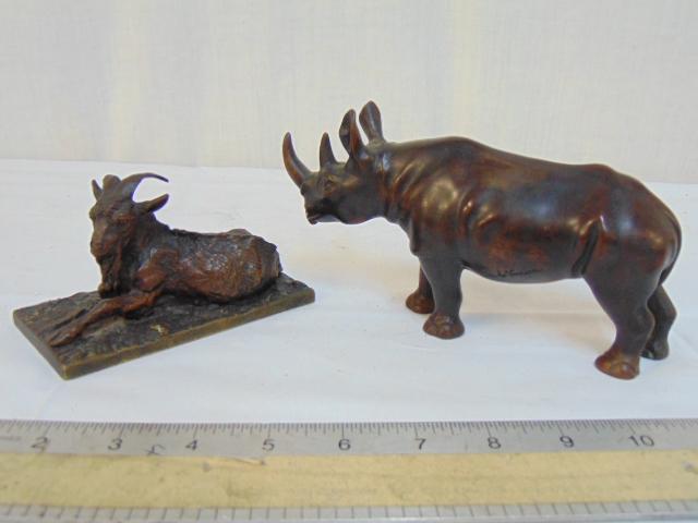 Bronze Rhino & bronze goat, Christophe Fratin & Max le: Bronze Rhino & bronze goat, Christophe Fratin & Max le Verrier, original patina, goat is 5" by 2.5", height is 2.75", rhino is 7.25" long, 2" wide & 3.75" tall.